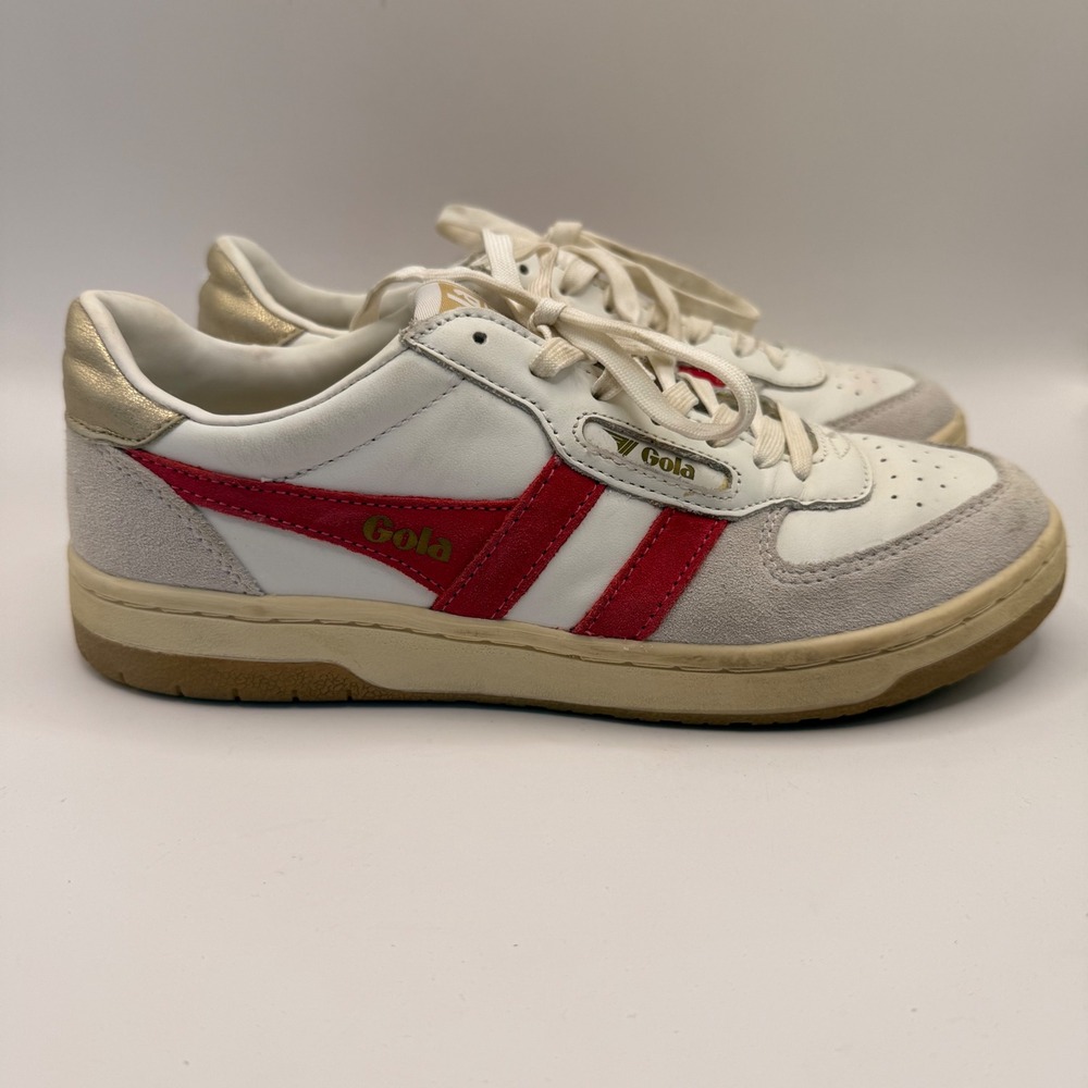 Gola Hawk Womens White Red Leather Suede Retro Court Sneakers CLB336 US 6.5